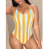 Lovely Casual Striped Patchwork Yellow One-piece S