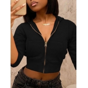 Lovely Casual Hooded Collar Kangaroo Pocket Black 