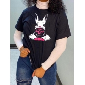 Lovely Casual O Neck Print Loose Black T-shirt