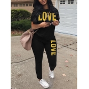 Lovely Trendy Letter Print Patchwork Black Two Pie