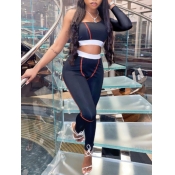 LW Sportswear One Shoulder Striped Black Two Piece