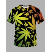 LW Men Casual O Neck Leaf Print Black T-shirt