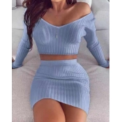 LW Casual V Neck Elastic Blue Two Piece Skirt Set