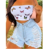 Lovely Street High-waisted Broken Holes Baby Blue 