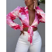 Lovely Casual Turndown Collar Tie-dye Rose Red Blo