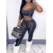 Lovely Sportswear U Neck Striped Dark Grey Two Pie