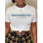 LW Casual O Neck Letter Print White T-shirt