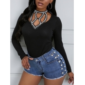 Lovely Sweet Pearl Decoration Hollow-out Black T-s