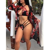 Lovely Sexy Floral Print Hollow-out Black Three-pi