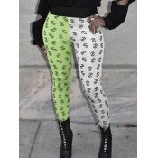 LW Casual Mid Waist Letter Print Patchwork Green P