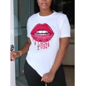 LW Sweet Lip Letter Print White T-shirt
