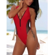 Lovely Sweet Zipper Design Mesh Patchwork Red One-