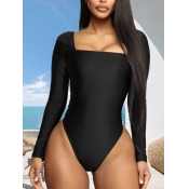 LW Sweet Square Neck Skinny Black One-piece Swimsu