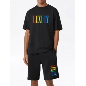 Lovely Men Casual O Neck Letter Print Black Two Pi