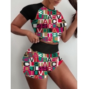 Lovely Trendy Letter Print Patchwork Red Two Piece