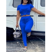 Lovely Casual O Neck Fold Design Blue Two Piece Pa