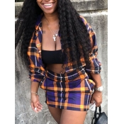 LW Casual Turndown Collar Plaid Print Blue Two Pie
