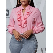 Lovely Sweet Flounce Fold Design Pink Blouse