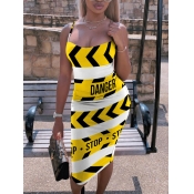 LW Street Letter Print Striped Yellow Knee Length 