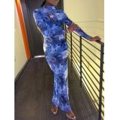 Lovely Chic Print Mesh Side Split Blue Ankle Lengt