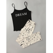 Lovely Casual Spaghetti Strap Letter Print Black S