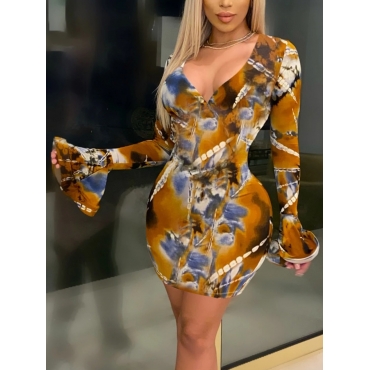 LW Flared Sleeves Chains Gradient Print Bodycon Dress
