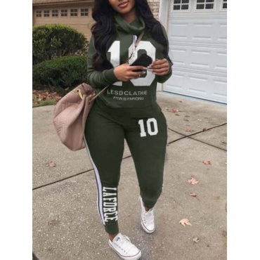 

LW Plus Size Drawstring Letter Striped Print Tracksuit Set, Army green
