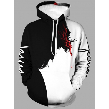 LW Men Letter Print Patchwork Hoodie, White