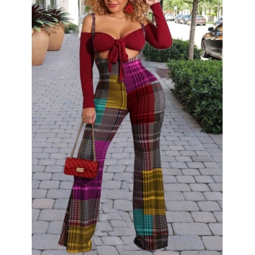 

LW SXY Chic Off The Shoulder Bandage Design Plaid Print Flared Red Two Piece Pants Set