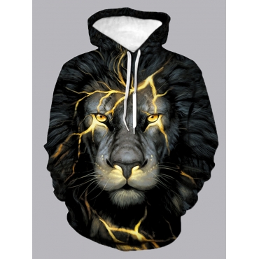 

LW Men Hooded Collar Lion Print Patchwork Hoodie, Black