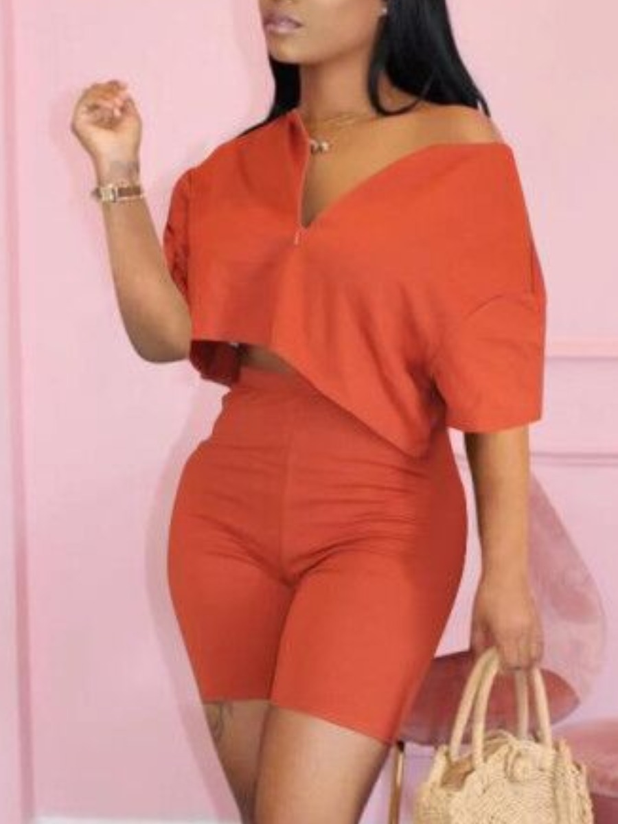 LW Casual V Neck Elastic Jacinth Two Piece Shorts Set