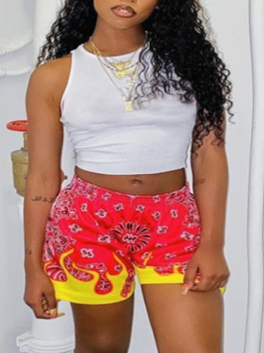 

Lovely Casual O Neck Graffiti Print Red Two Piece Shorts Set
