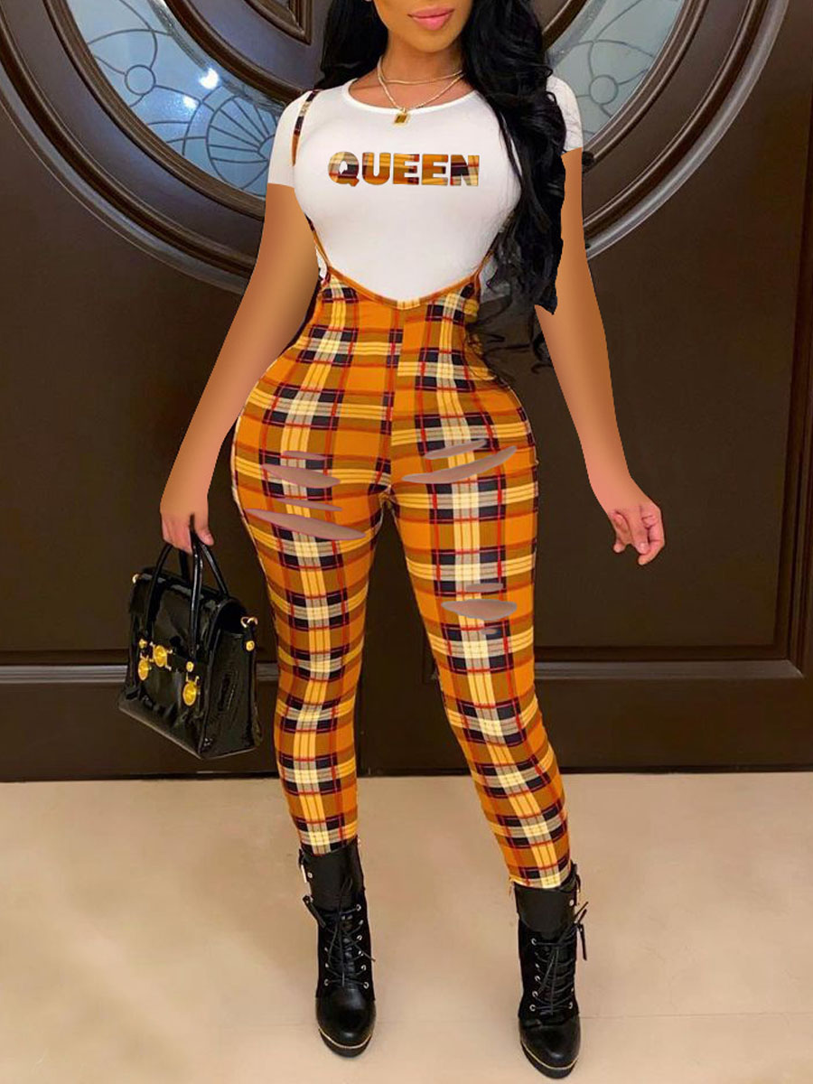 

Lovely Street Plaid Letter Print Broken Holes Croci Two Piece Pants Set