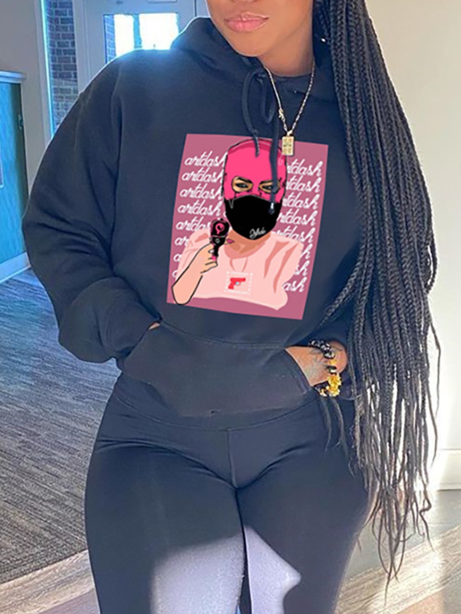 

Lovely Street Hooded Collar Masked Face Print Black Hoodie