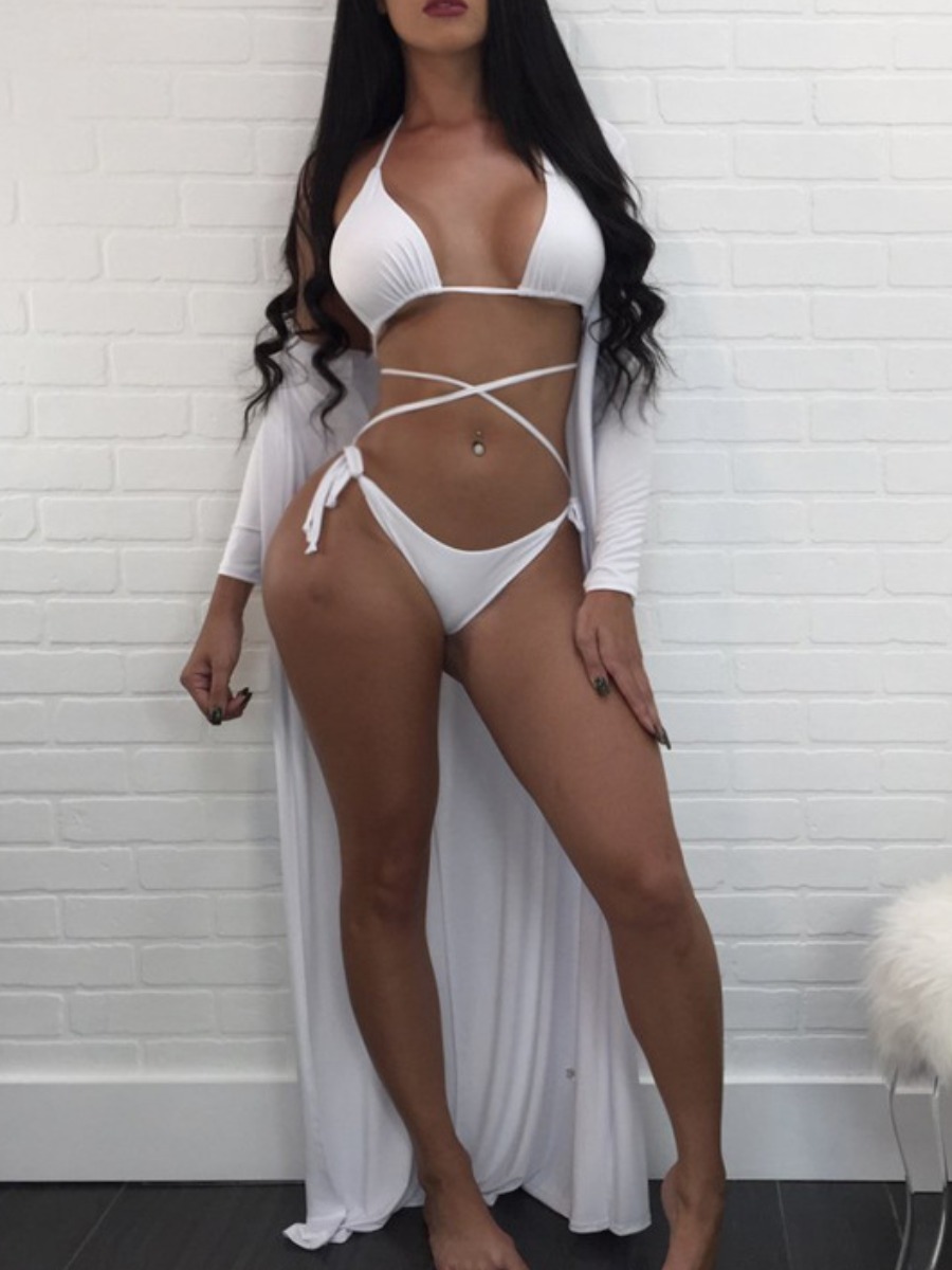 

Lovely Casual Bandage Design White Three-piece Swimsuit
