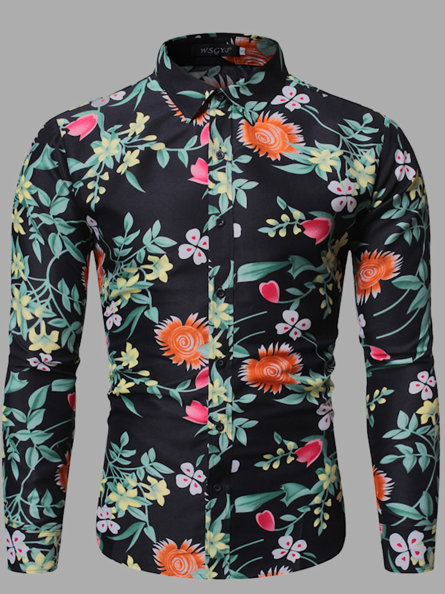 Lovely Men Trendy Floral Print Patchwork Black Shirt
