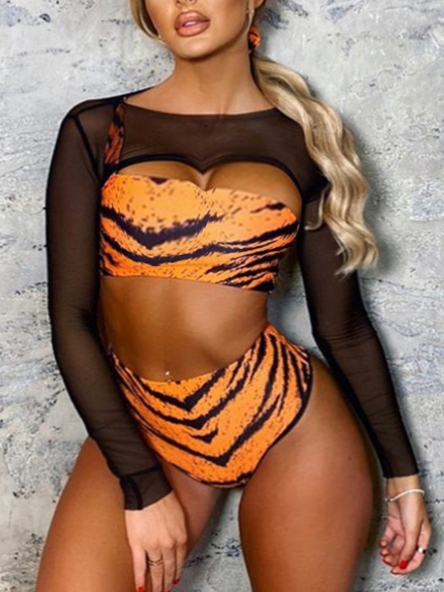 

LW Sexy Mesh Tiger Striped Patchwork White Tankini, Tiger stripes