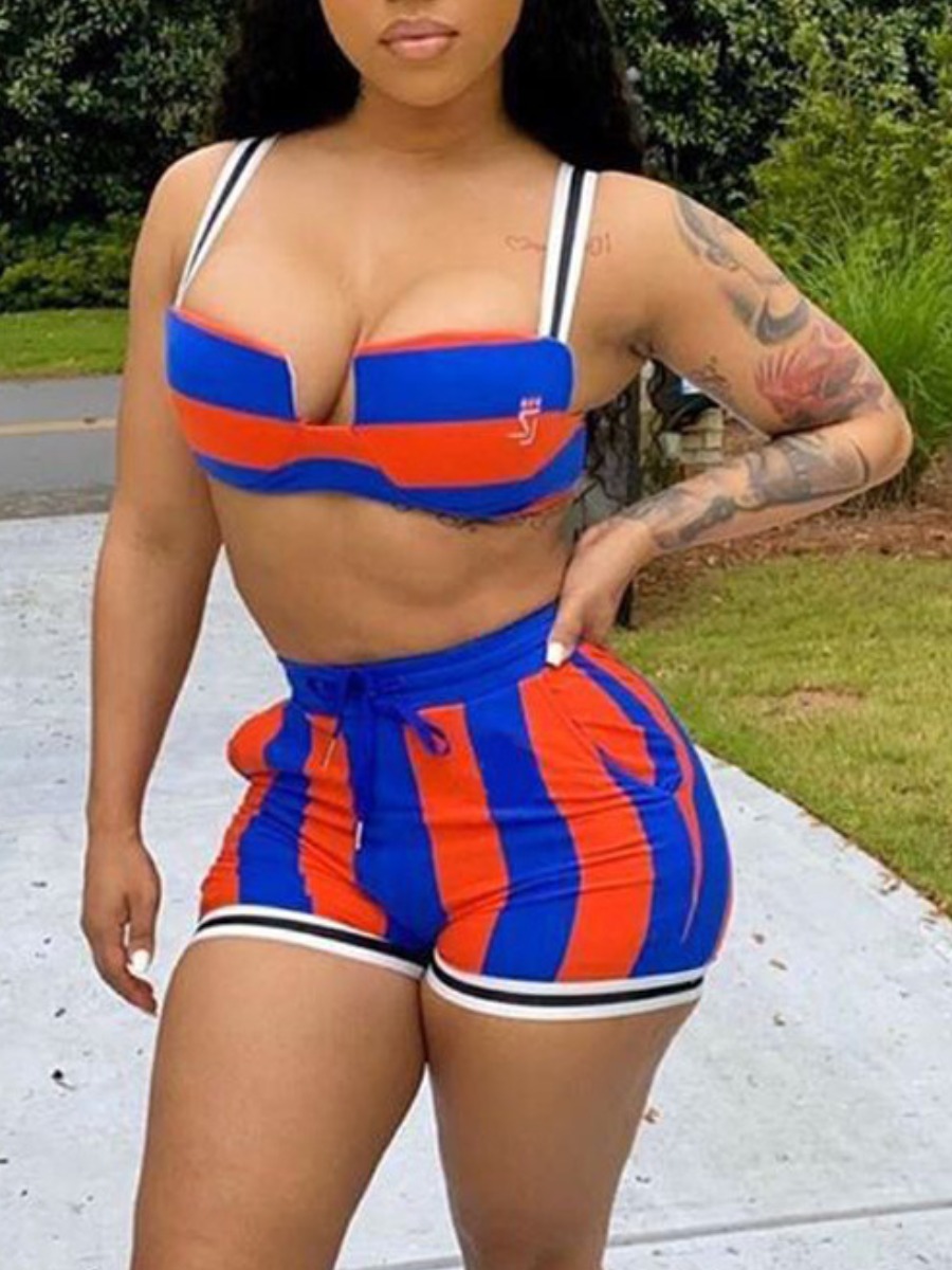 

Lovely Trendy Drawstring Striped Patchwork Blue Two Piece Shorts Set
