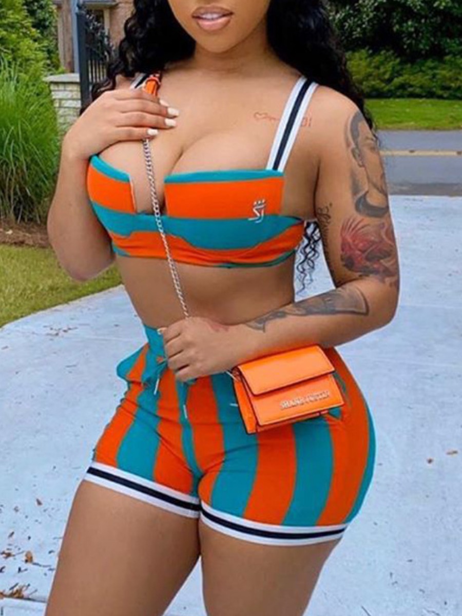 

Lovely Trendy Drawstring Striped Patchwork Jacinth Two Piece Shorts Set