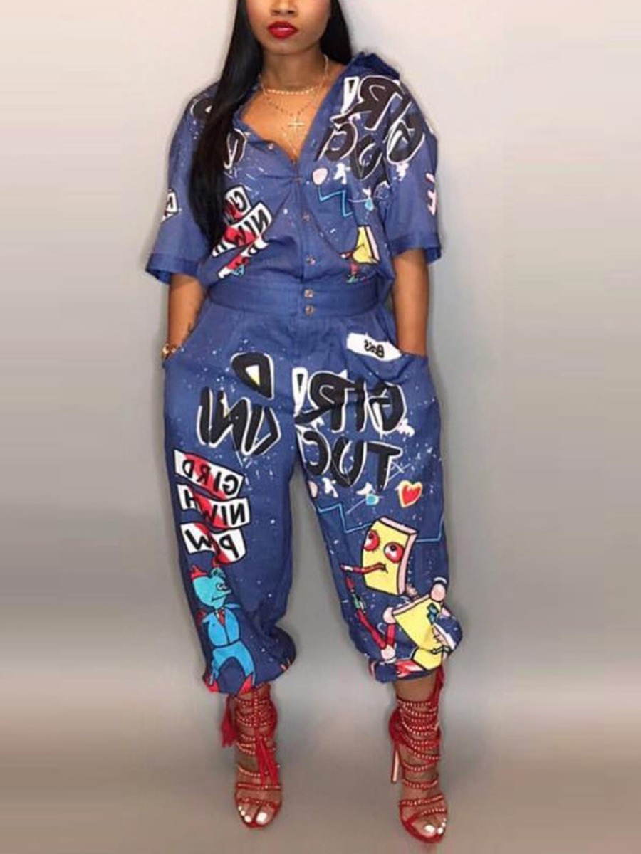 

Lovely Street Cartoon Letter Print Blue Plus Size One-piece Jumpsuit