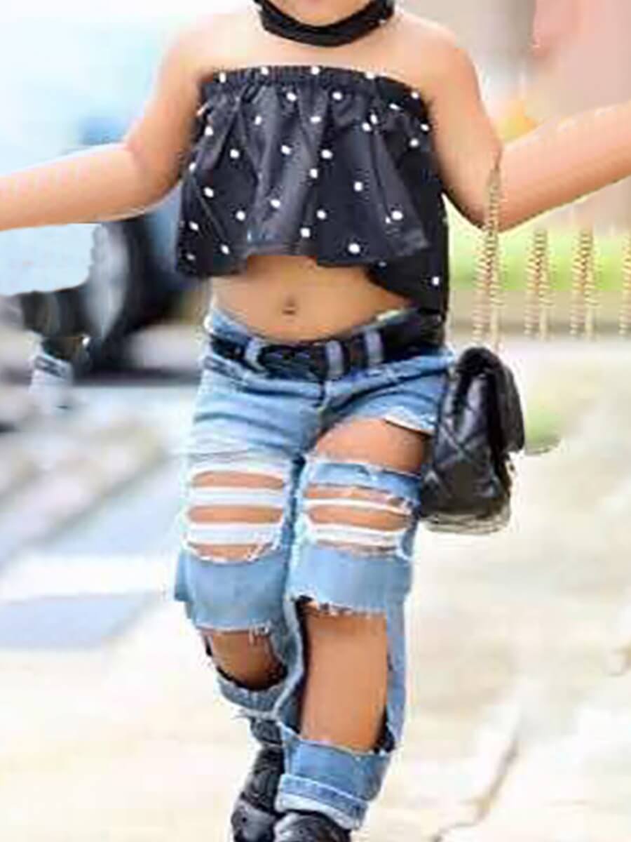 

Lovely Girl Sweet Off The Shoulder Flounce Design Ripped Black Three Piece Pants Set