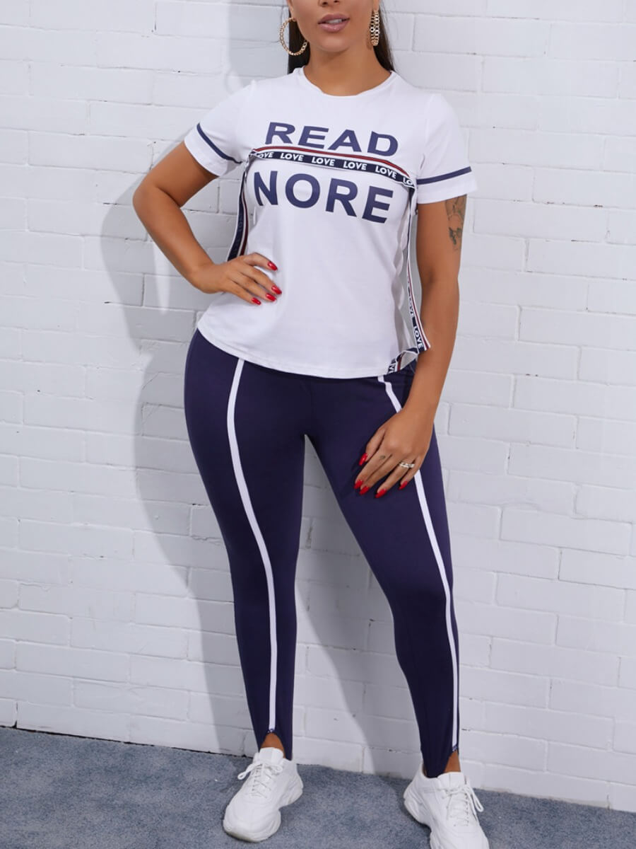 

Lovely Casual Letter Print Striped White Two Piece Pants Set