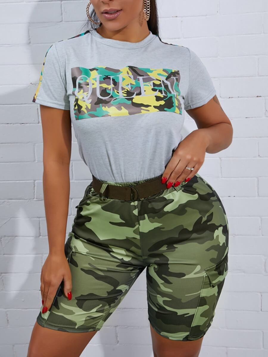 

Lovely Sweet Camo Print Side Pocket Grey Two Piece Shorts Set