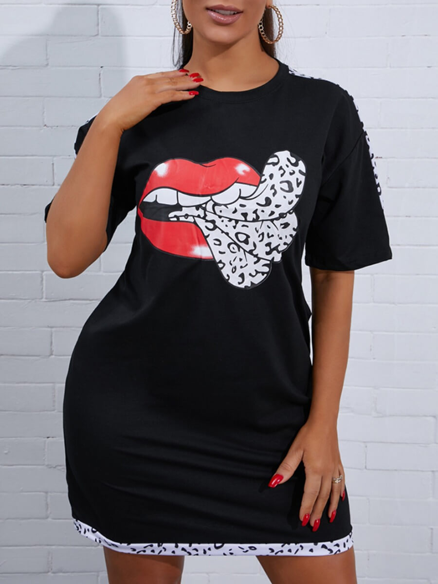 

Lovely Casual O Neck Leopard Lip Print Black Knee Length Dress