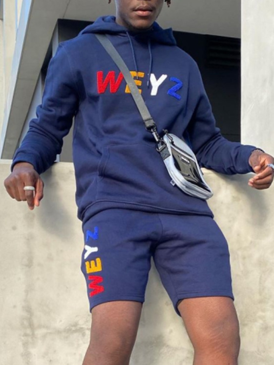 

Lovely Sportswear Hooded Collar Letter Print Dark Blue Men Two Piece Shorts Set