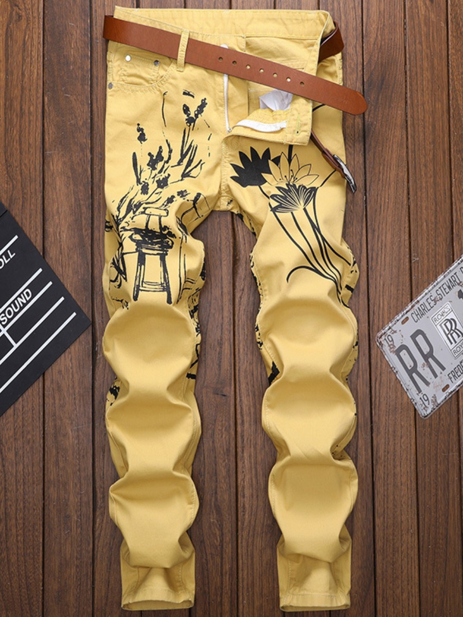 

Lovely Casual Mid Waist Floral Print Yellow Men Jeans