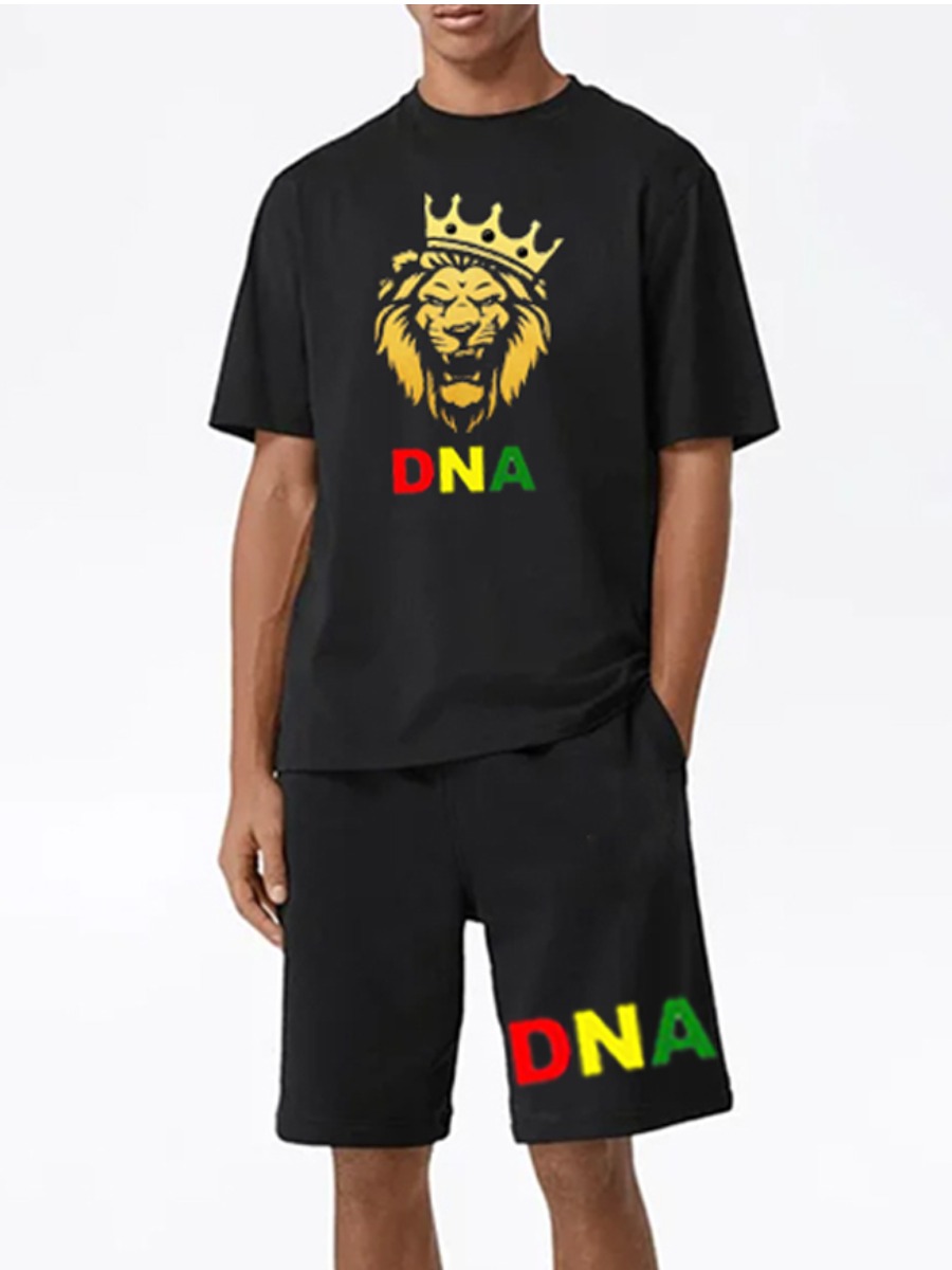 

Lovely Men Trendy Crown Letter Print Black Two Piece Shorts Set