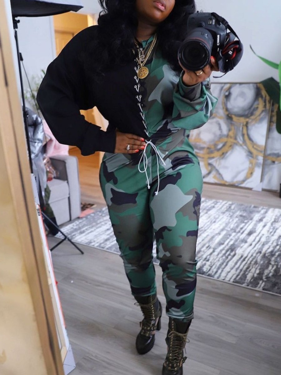 

Lovely Street Camo Print Drawstring Plus Size Two-piece Pants Set