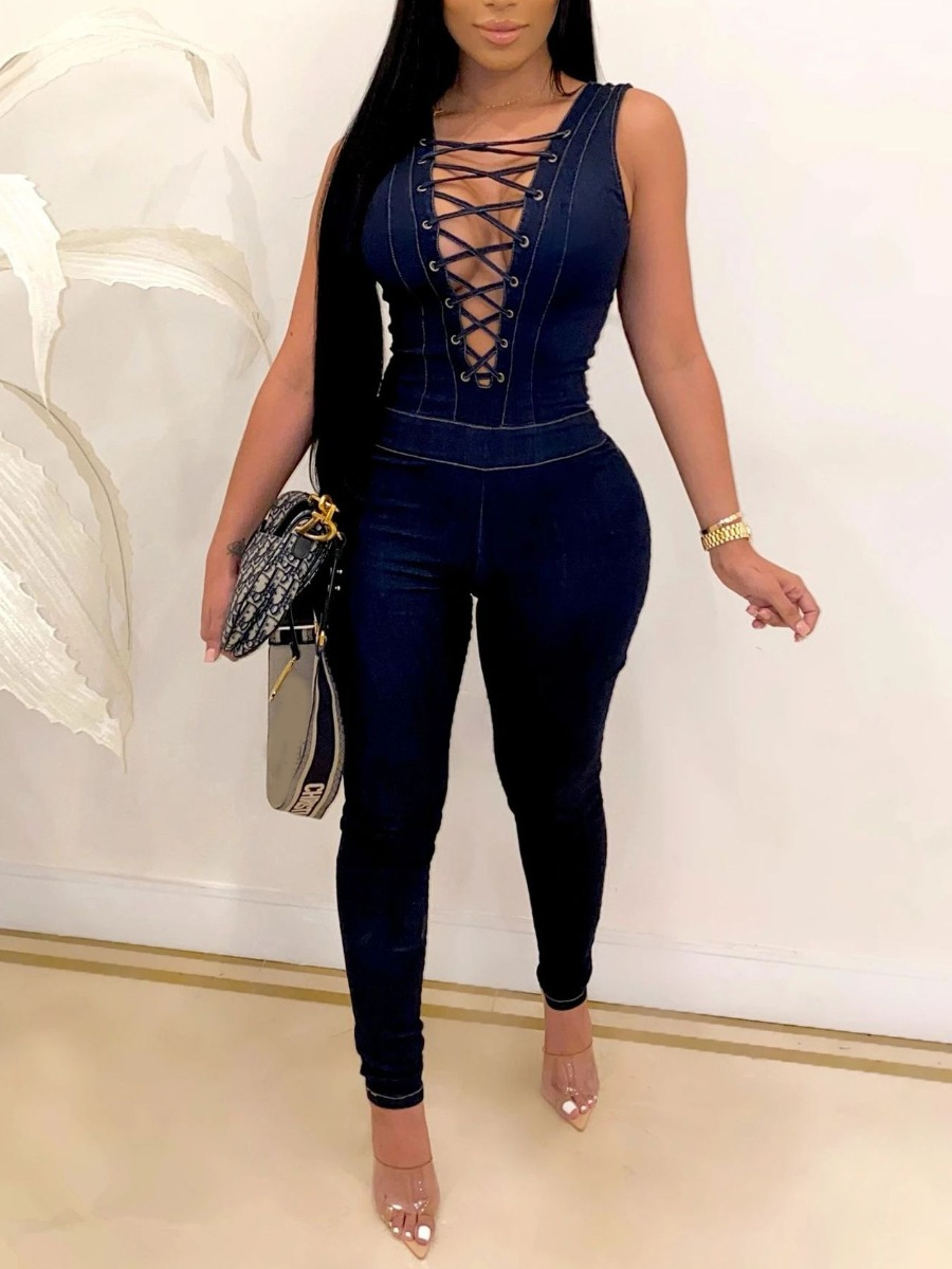 

Lovely Trendy Bandage Hollow-out Design Deep Blue One-piece Denim Jumpsuit