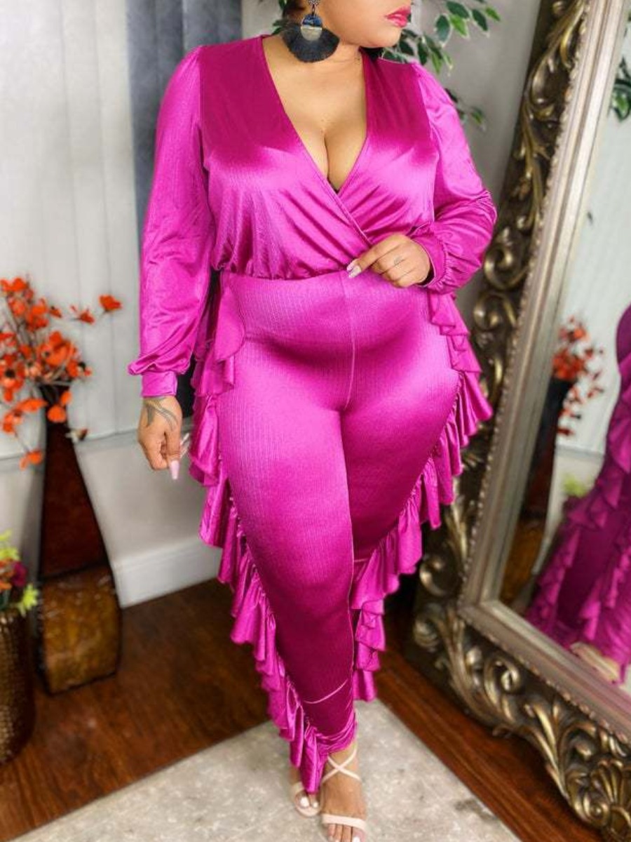 

Lovely Trendy V Neck Flounce Design Rose Red Plus Size One-piece Jumpsuit